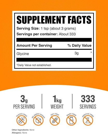 BulkSupplements.com Glycine Powder - Glycine Supplements, Amino Acid Supplement - Unflavored & Gluten Free, 3g per Serving, 1kg (2.2 lbs) (Pack of 1)