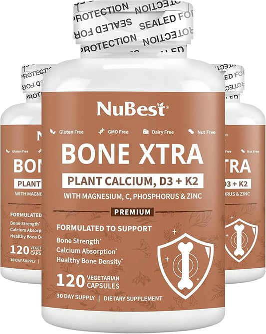 Bone Xtra - Vegan Bone Strength Formula for Stronger Bones, Plant-Based Calcium from Marine Algae, Vitamins D3, Vitamin K2, Magnesium, Phosphorus & More for Teens, Adults - 3 Months Supply | 3 Pack