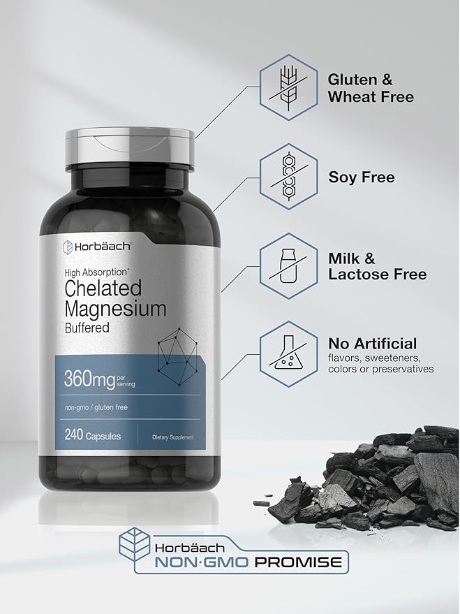 Horbäach Chelated Magnesium | 360mg | 240 Capsules | Non-GMO & Gluten Free Supplement