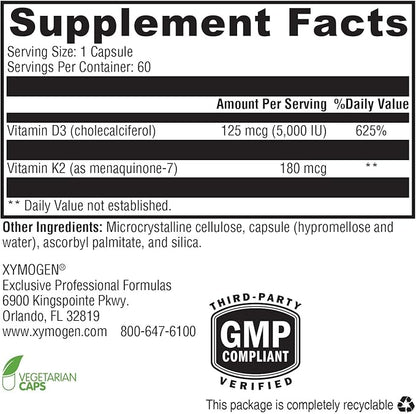 XYMOGEN K2-D3 Max - Vitamin D3 K2 with 180mcg VIT K Per Capsule - Bioavailable Vitamin D 5000 IU (Cholecalciferol) with Vitamin K2 MK-7 - Bone Health + Immune Support Supplement (60 Capsules)