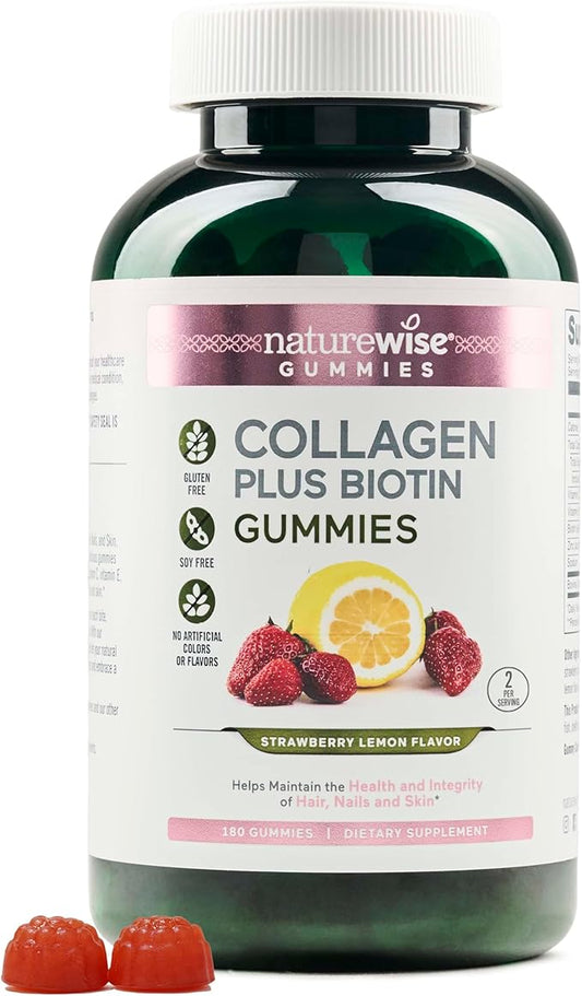 NatureWise Collagen Gummies - Hydrolyzed Collagen Gummies - Type 1 & 3 Peptides for Women + Biotin, Vitamin C, E, & Zinc for Hair Skin and Nails Support - 180 Count[3-Month Supply]