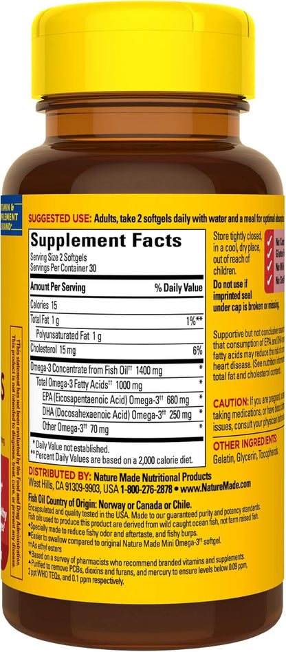 Nature Made Extra Strength Burp Less Fish Oil Omega 3 Supplements 1400 mg Minis, Omega 3 Fish Oil as Ethyl Esters for Healthy Heart Brain Eyes Support, 60 Softgels, 30 Day Supply