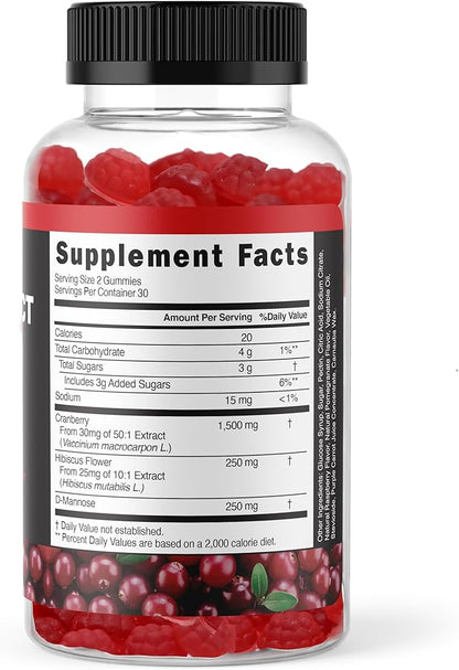Potent Cranberry Gummies 1500mg with D Mannose - Urinary Tract Health for Women & Men, Urinary Flush & Bladder Fast-Acting Support Supplements with Hibiscus Powder, 60 Count