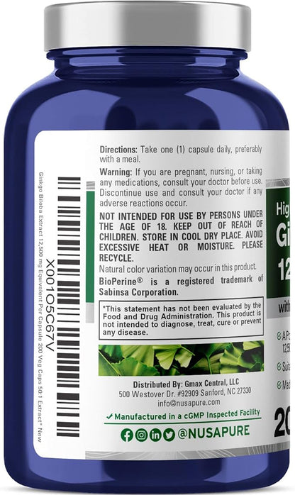 NusaPure Ginkgo Biloba Extract 12,500mg per Veggie Caps 200 Capsules (Vegetarian, Non-GMO, Vegan, Extract 50:1) Bioperine