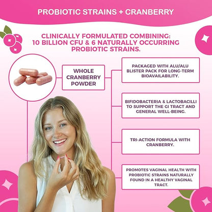 NutriCelebrity NutriFlora-Pro Probiotics for Women - Support Vaginal, Urinary Health (UTI), Digestive System, Period Pain, Yeast, and BV Relief, Cranberry Pills, 10 Billion CFU 6 Strains (30 Caps)