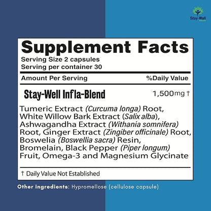 Infla-1500 All-Natural Relief Supplement Extract Blend with Turmeric, White Willow Bark, Ashwagandha, Ginger, Boswellia, Bromelain, Omega-3 and Magnesium-60ct