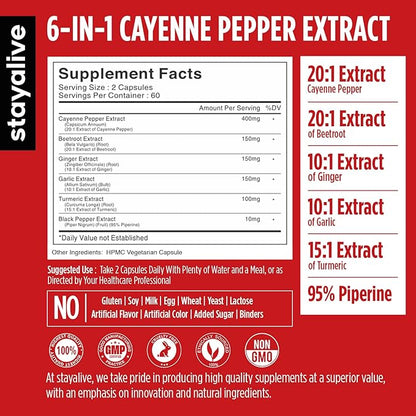 StayAlive Cayenne Pepper Capsules 960mg Super Extract with Ginger, Garlic, Turmeric, Beet Root, Black Pepper, 120 Cayenne Capsules, Support Cardiovascular & Immune System, Capsaicin Supplement Pills
