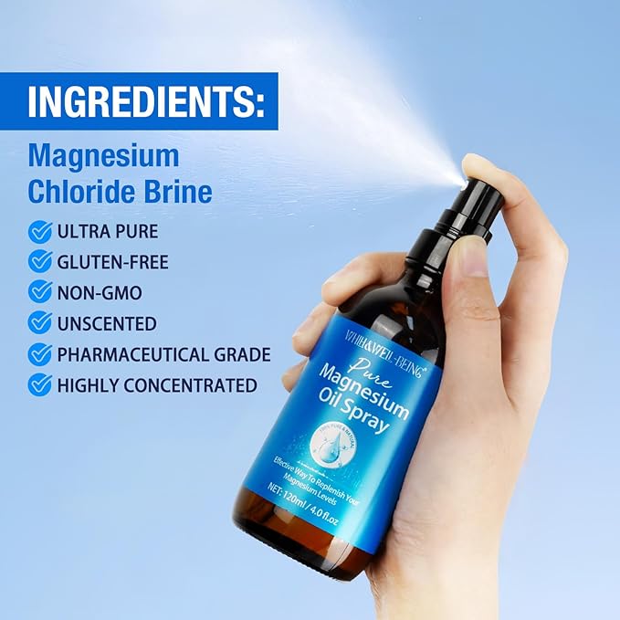 Magnesium Spray, Pure Magnesium Oil Spray Organic Natural in Glass Bottle, Easy to Absorb and Use 120ml