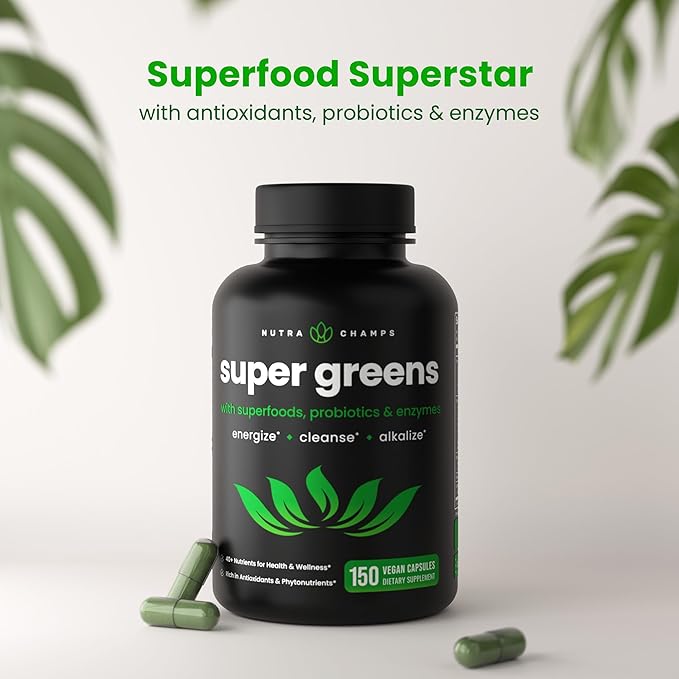 NutraChamps Organic Super Greens Capsules - Alfalfa, Spirulina, Chlorella & More - Antioxidant, Digestive Enzyme & Probiotic Blends - 150 Green Superfood Capsules