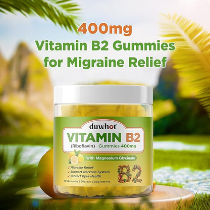 Vitamin B2 Gummies with Magnesium- Riboflavin 400mg for Migraine Relief & Headache Relief, B2 Vitamins Gummies for Adults & Kids, Vegan, 60 Chewable
