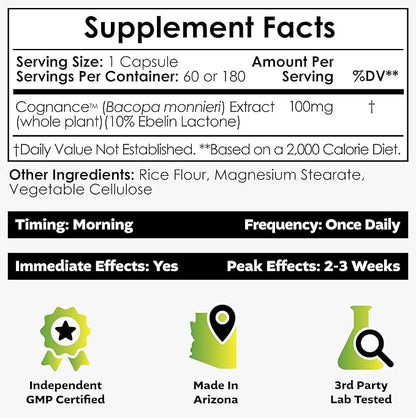 Nootropics Depot Cognance Enhanced Bacopa Capsules | 100mg | 10% Ebelin Lactone | Bacopa monnieri | Mood, Memory, & 5-HT2A Activation, 60 Count (Pack of 1)