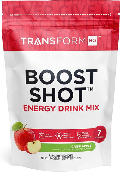 TransformHQ Boost Shot Powder Drink Stick Packets, Crisp Apple, 7 Pack, Energy Supplements for Women & Men, with Caffeine, Vitamin B12, B9, B6 & B3