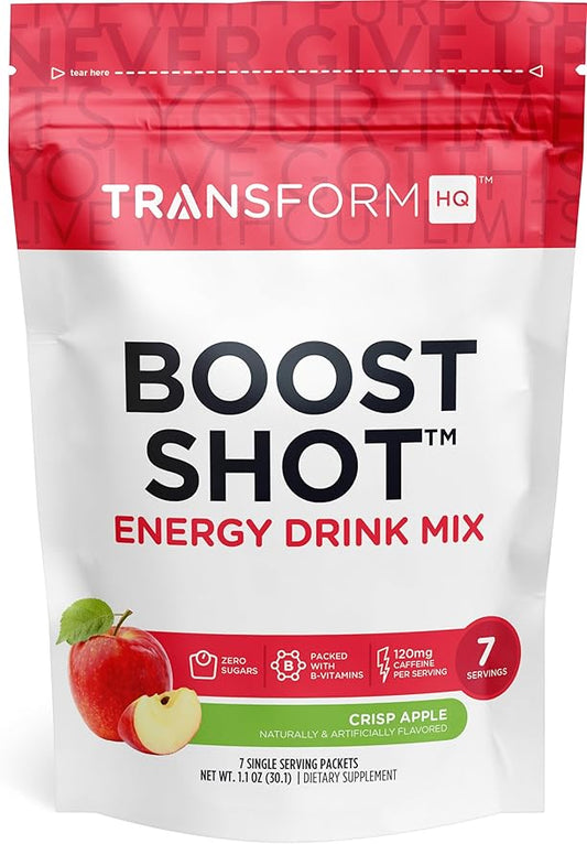 TransformHQ Boost Shot Powder Drink Stick Packets, Crisp Apple, 7 Pack, Energy Supplements for Women & Men, with Caffeine, Vitamin B12, B9, B6 & B3