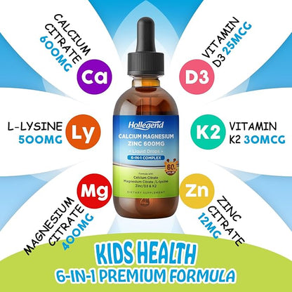 Liquid Calcium Citrate Drops with L-Lysine 500mg, Magnesium & Zinc, Calcium Citrate 600mg Supplement with Vitamin D3 & K2 for Kids & Adults, 2 Fl Oz