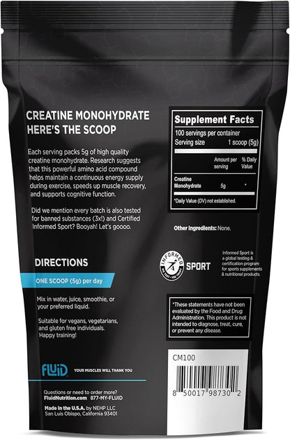 Fluid Creatine - 100% Creatine Monohydrate Powder, Unflavored, Informed Sport Certified, 5g per Serving (100 Servings)