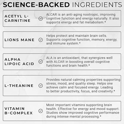 ACEWORKZ Elite Brain - Nootropic Brain Supplement for Focus, Memory, & Mental Clarity - ALCAR, Lions Mane, ALA, L-Theanine, Vitamin B Complex - Natural Energy, Caffeine-Free (60 Capsules)