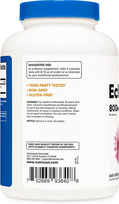 Nutricost Echinacea 800mg, 240 Capsules, 3 Bottles - Vegetarian Caps, Non GMO, Gluten Free, 120 Servings