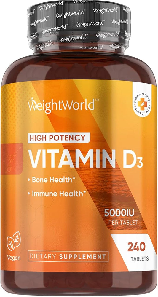 WeightWorld Vitamin D3 5000 IU (125mcg) - 240 Vegan Tablets (8 Months Supply) - Plant-Based from Lichen - Vitamin D for Bone & Immune Health - Highly Bioavailable D3 Supplement - Non-GMO & Gluten-Free