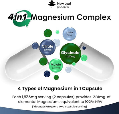 Magnesium Glycinate 4-in-1 Complex 2000mg - 449mg Elemental Magnesium High Strength Magnesium Supplements - Magnesium Bisglycinate,Citrate, Malate, Oxide - 120 Capsules - Vegan UK Made by New Leaf