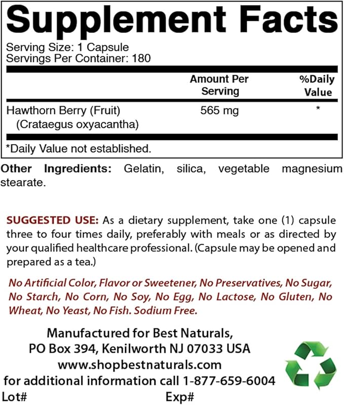 Best Naturals Hawthorn Berry 565 mg 180 Capsules (180 Count (Pack of 1))