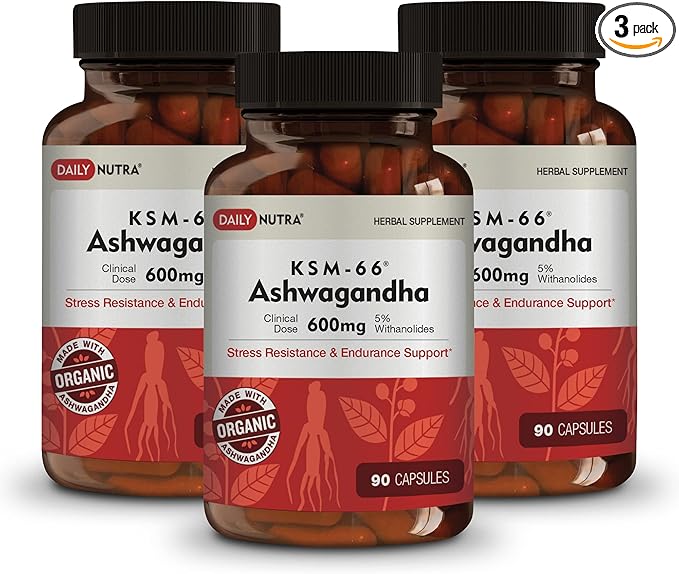 KSM-66 Ashwagandha 600mg Organic Root Extract - High Potency Supplement with 5% Withanolides | Supports Relaxation, Focus, & Energy (270 Capsules)