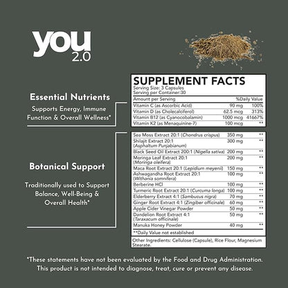 You2.0 Powerhouse Superfood with Seamoss, Shilajit, Ashwagandha, Berberine, Maca, Black Seed Oil, Turmeric, Vitamin C, D, B12, K2 - Moringa, Apple Cider, Made in USA for Overall Health & Immunity