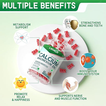 Calcium Magnesium Zinc Gummies with Vitamin D3 & K2 - High Potency Enhanced Absorption -120 Strawberry Gummies Flavored