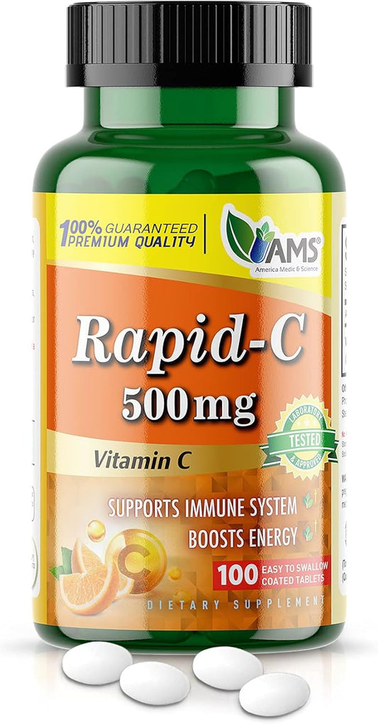 America Medic & Science Rapid-C 500mg Vitamin C Supplement (1 Pack of 100 Tablets) Energy Booster, Daily Immune System Support, Antioxidant | Vegan, Non-GMO Coated Ascorbic Acid for Adult Men & Women