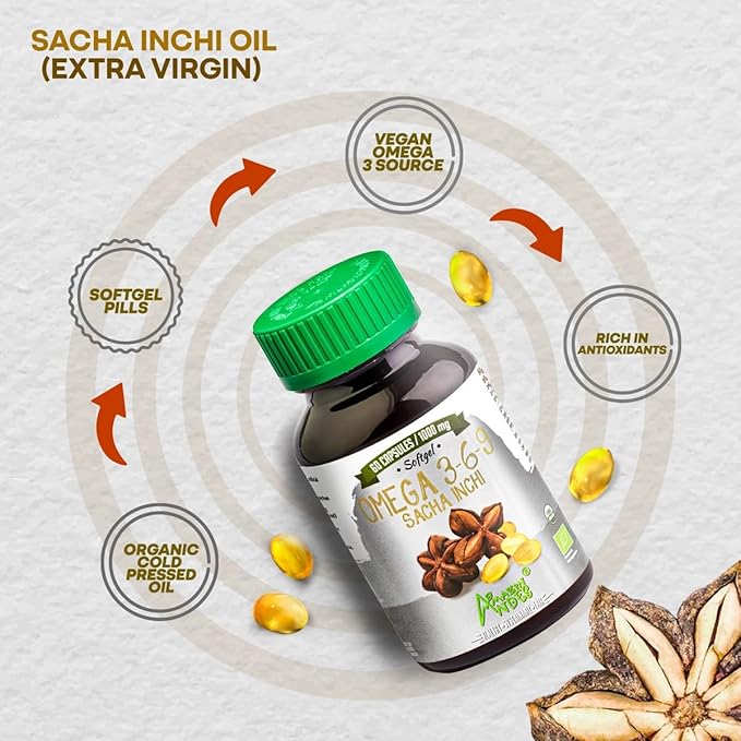 Amazon Andes Sacha Inchi Capsules (Plukenetia volubilis) - Source of Omega 3, 6, 9 with Essential Fatty Acids - Odorless & Sustainably sourced - Brain Function Supporter - 60 Softgel Pills (1000mg)