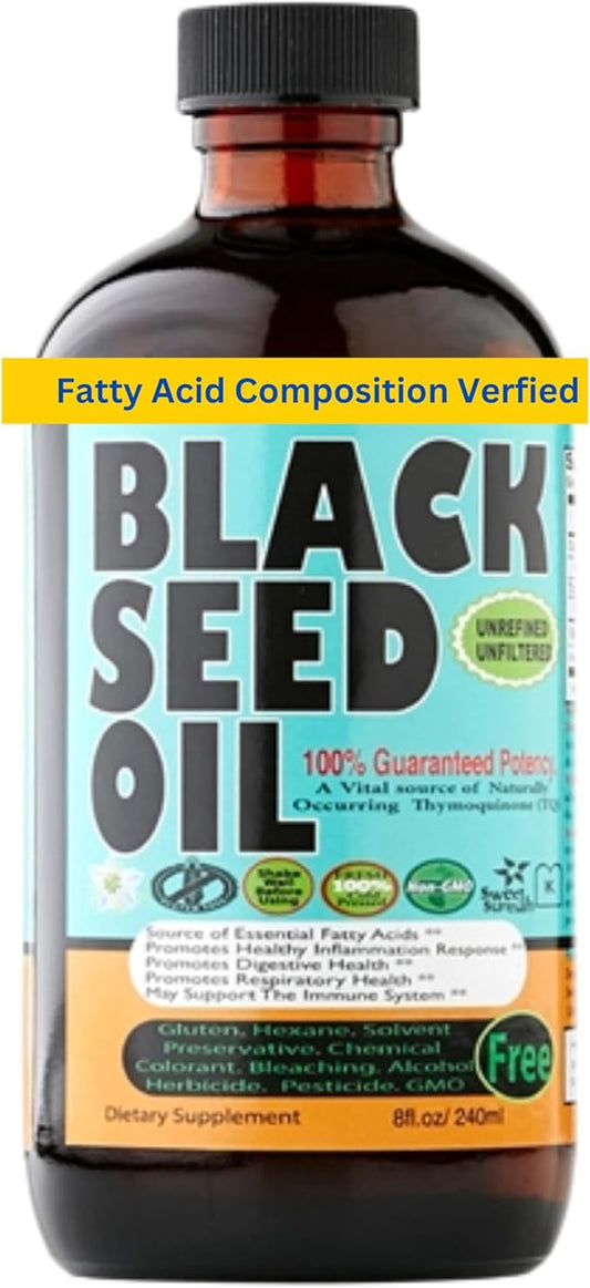 Black Seed Oil 8 Oz - Premium Nigella Sativa Cold-Pressed Turkish Black Cumin Oil - High Strength 3X Thymoquinone - Natural Immune, Digestive & Respiratory Support - Super Food Oil Supplement