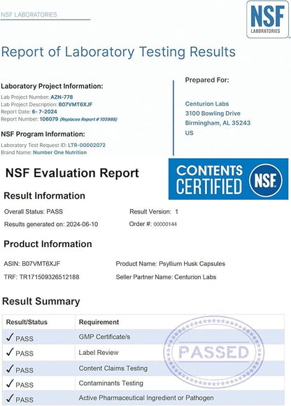 N1N Premium Psyllium Husk Capsules [All Natural,1450 MG] Powerful Soluble Fiber Supplement to Support Regularity and Digestive Health, 240 Caps