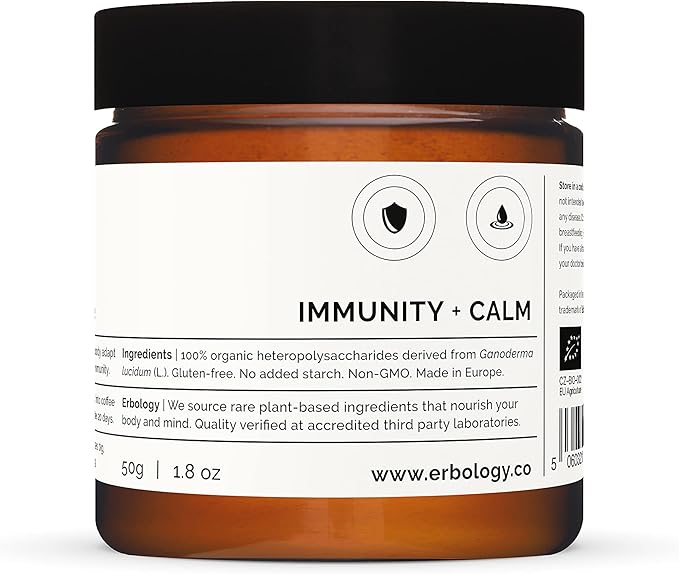 Erbology Organic Reishi Mushroom Powder 50 Servings - 21% Beta-glucans - Immunity Support - Ganoderma Lucidum - Small Batch - Sustainably Grown in Europe - Vegan - Non-GMO - No Added Fillers