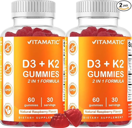 Vitamatic Vitamin D3 & K2 Gummies (2-Pack, 60 Count) Supports Healthy Bones, Heart Health, Calcium Absorption, and Immune Function Plant-Based, Non-GMO, Gluten-Free