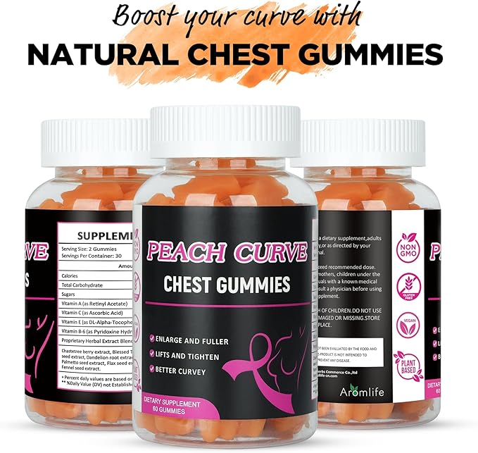 Chest Gummies for Enhance Curvy Body, 60 Count, Bear Shape Chest Support Gummies for Confidence Lifting, Peach Flavor Weight Gainer Vitamin BBL Gummy for Women Men Workout Enhancement