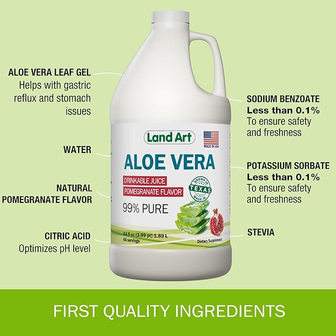 Land Art Pure Aloe Vera Juice - Pomegranate Flavored - Cold-Processed - Inner Filet from Organic Fresh Leaves from Texas - Aid- 64 fl oz