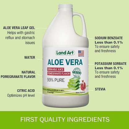 Land Art Pure Aloe Vera Juice - Pomegranate Flavored - Cold-Processed - Inner Filet from Organic Fresh Leaves from Texas - Aid- 64 fl oz