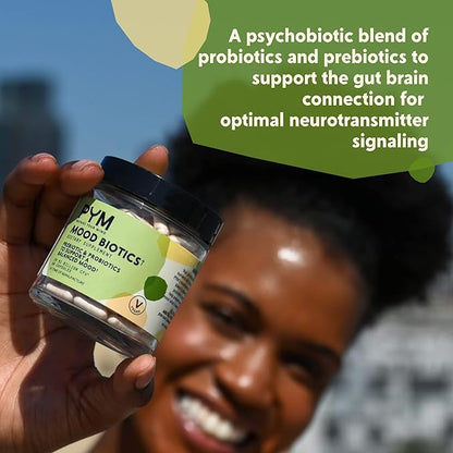 Prebiotics and Probiotics Mood Biotics by PYM with 22.91 Billion CFU (60 Count) Gut Health & Mood Support Supplement | Non-GMO, Vegan, Gluten Free