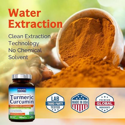 Innate Vitality Turmeric Curcumin Supplement 1800mg with Black Pepper 95% Curcuminoids, Extra Strength & Enhanced Absorption, Movement Support, Healthy Inflammatory Response, Antioxidant, 90 Caps