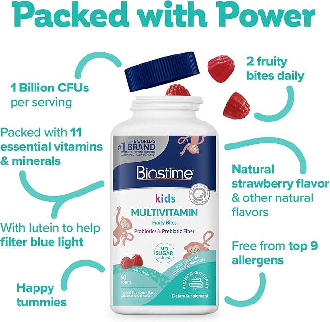 Biostime Kids Multivitamin Gummies with Probiotics & 11 Essential Vitamins (Ages 4+) | Multivitamin for Kids | No Added Sugar Fruity Bites | Free from Top 9 Allergens | 50 Count