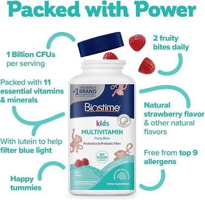 Biostime Kids Multivitamin Gummies with Probiotics & 11 Essential Vitamins (Ages 4+) | Multivitamin for Kids | No Added Sugar Fruity Bites | Free from Top 9 Allergens | 50 Count