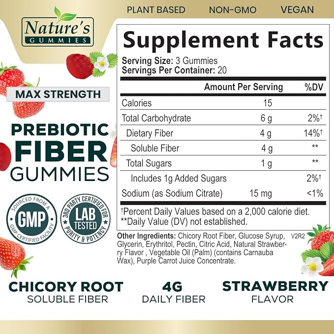Fiber Supplement Gummies for Digestive Health & Regularity Support, Fiber 4g Gummy for Adults, Daily Prebiotic Supplements, Natural Prebiotic Fiber Gummy, Plant Based, Strawberry Flavored - 60 Gummies