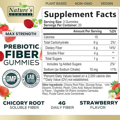 Fiber Supplement Gummies for Digestive Health & Regularity Support, Fiber 4g Gummy for Adults, Daily Prebiotic Supplements, Natural Prebiotic Fiber Gummy, Plant Based, Strawberry Flavored - 60 Gummies