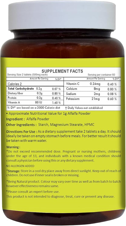 HERBAL HILLS Alfalfa Tablets | 120 Count | Source of Vitamin A | Natural Green Superfoods