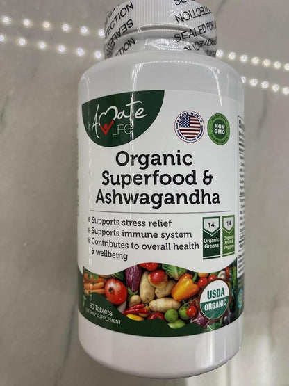 Organic Superfood Greens Fruits and Veggies Complex with Ashwagandha