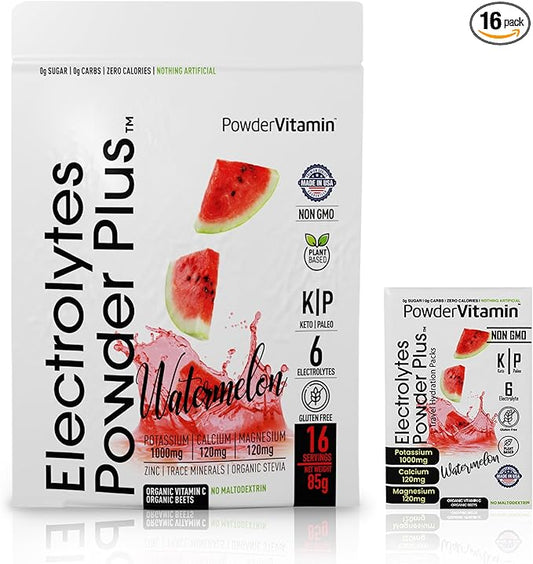 Electrolytes Powder Plus, Keto, Watermelon, Sugar Free, Pink Himalayan Salt, 1000mg Potassium, 120mg Calcium, 120mg Magnesium, Non-GMO, Zero Calories, (16 Hydration Packets)
