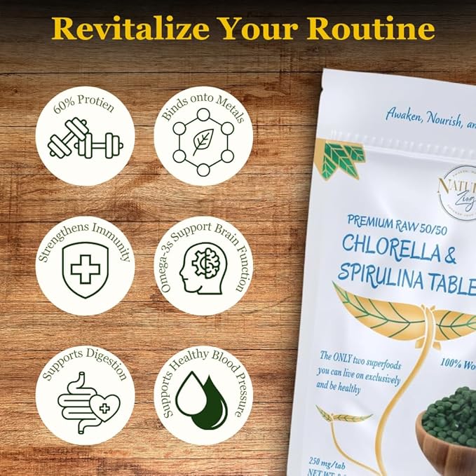 NaturalZing 100% Pure Chlorella/Spirulina Tablets | 1000 250mg Tablets | 60 Servings | 60% Protein | Vegan Protein | Omega 3s | Alkaline | Chlorophyll | Cracked Cell | Grown with Sunlight | Taiwanese