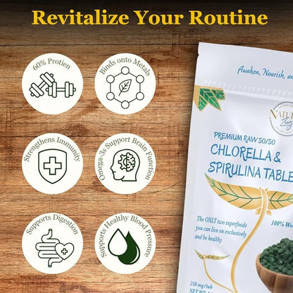 NaturalZing 100% Pure Chlorella/Spirulina Tablets | 1000 250mg Tablets | 60 Servings | 60% Protein | Vegan Protein | Omega 3s | Alkaline | Chlorophyll | Cracked Cell | Grown with Sunlight | Taiwanese