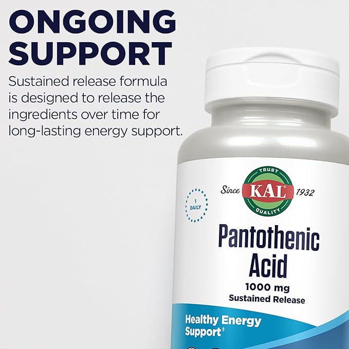 KAL Pantothenic Acid 1000mg, Sustained Release Vitamin B5 - Energy Supplements - Supports Metabolism of Carbs, Fat and Protein, Hair and Skin Health, Vegan, 60-Day Guarantee, 100 Servings, 100 Tablets