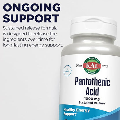 KAL Pantothenic Acid 1000mg, Sustained Release Vitamin B5 - Energy Supplements - Supports Metabolism of Carbs, Fat and Protein, Hair and Skin Health, Vegan, 60-Day Guarantee, 100 Servings, 100 Tablets