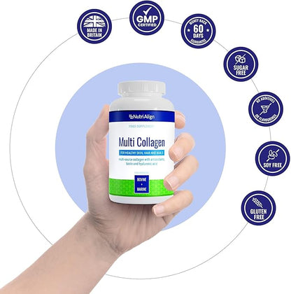 Nutri-Align Multi Collagen | 120 Collagen Peptides Capsules - 600mg Bovine Collagen & 400mg Marine Collagen per Serving | Collagen for Women Hair, Skin & Nails with Vitamins & Amino Acids | Sugar Free